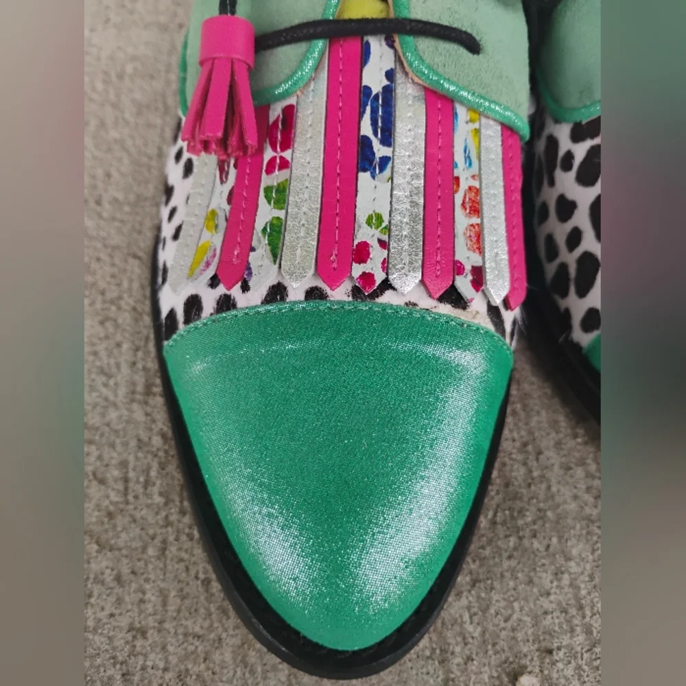 Green Multicolor Handmade Leather Suede Cow Print Oxford Fringe Shoes Size 6-8.5 - Picture 9 of 13